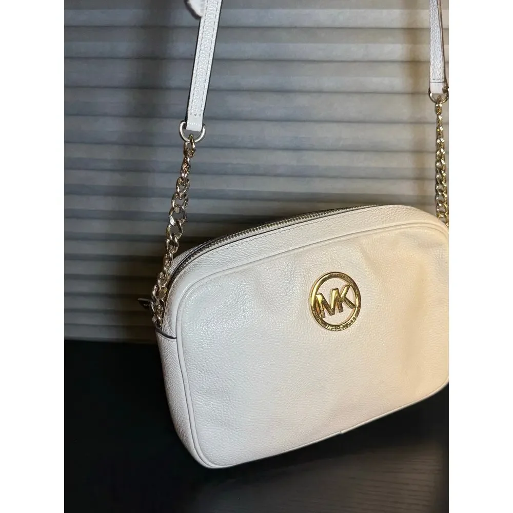 Michael Kors MK Purse Fulton East West Crossbody Bag Vanilla Pebbled Leather